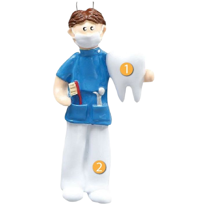 Male dentist Christmas ornament holding a large tooth and dental tools for holiday tree décor under 50 dollars