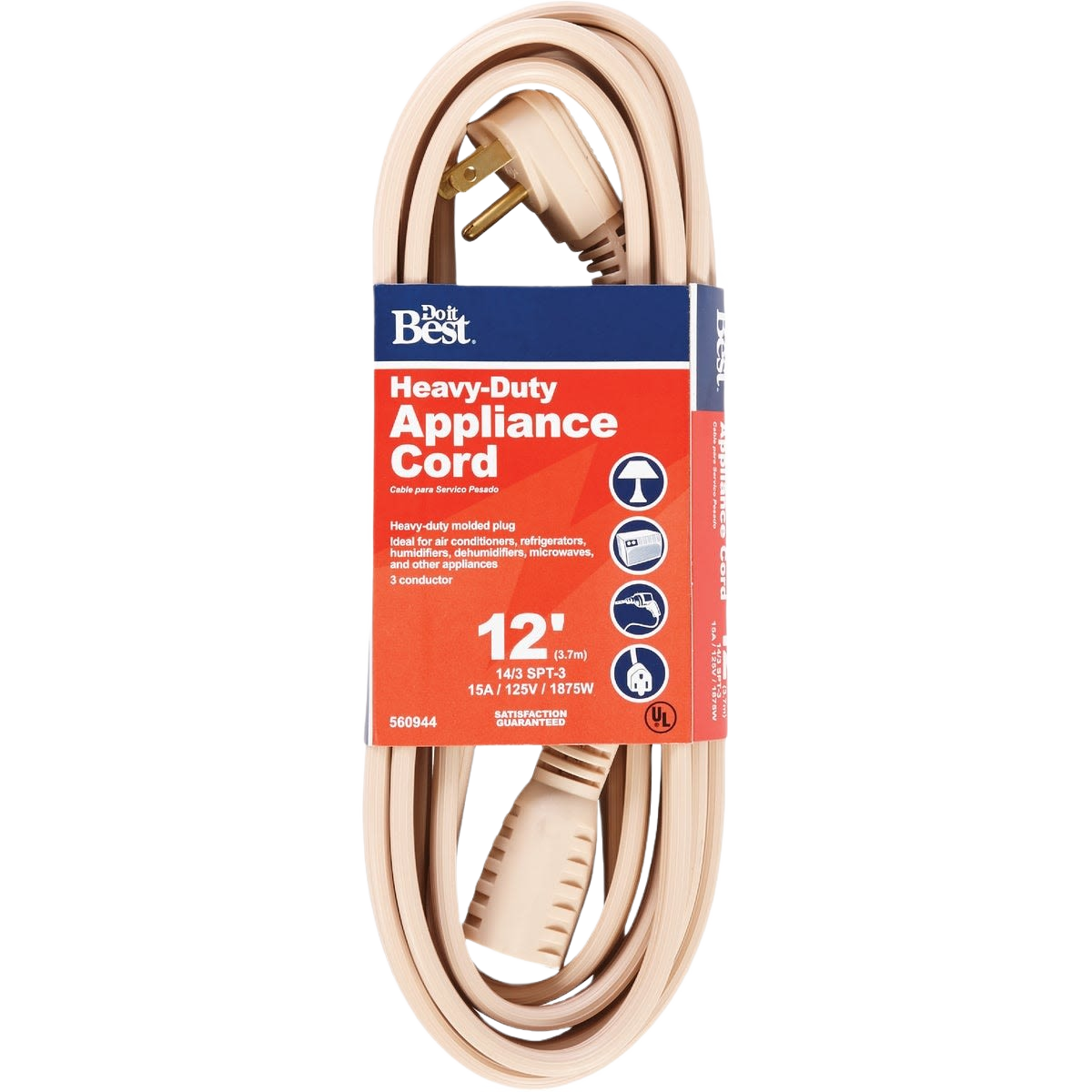 Beige heavy-duty 12-foot appliance cord with molded plug for tools and home improvement applications