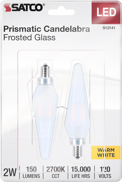 Satco LED prismatic frosted glass candelabra bulbs with warm white light, part of lighting and electrical collections.