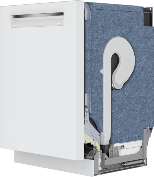 Partial cutaway view of white 24-inch built-in dishwasher showing insulated side panel and internal plumbing components