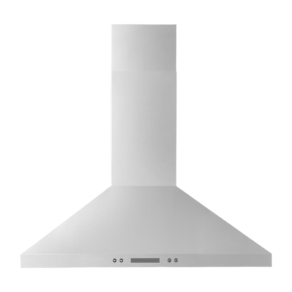 Stainless steel chimney wall mount range hood with LED lights and dishwasher-safe grease filters from kitchen appliances collection