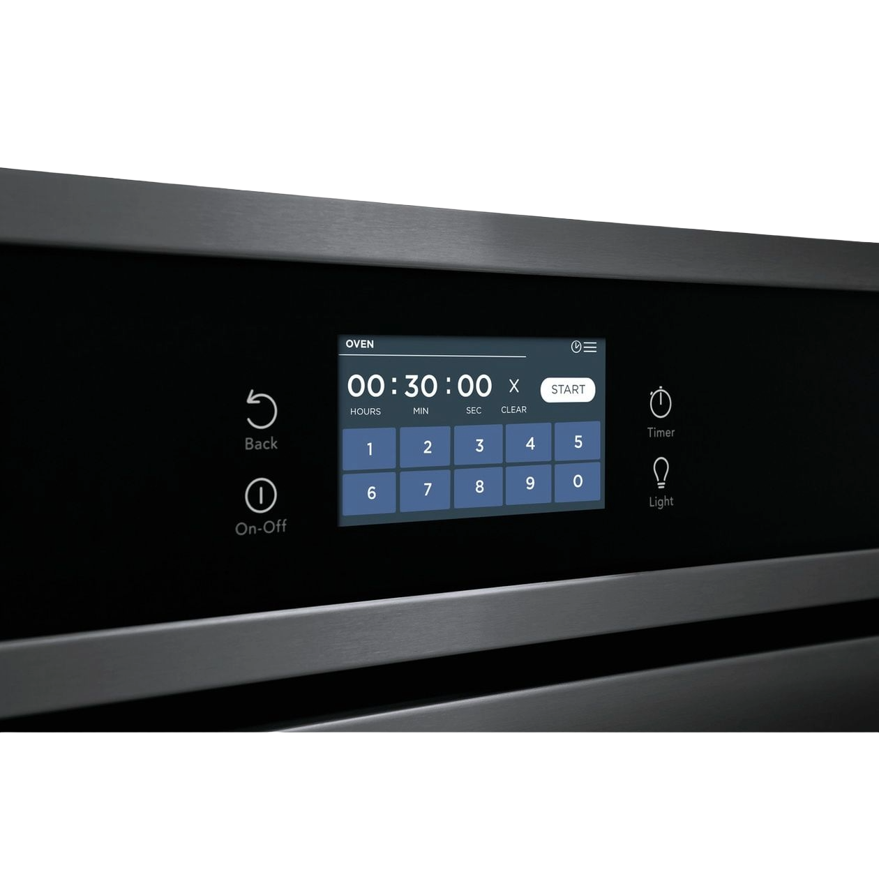Close-up of digital touchscreen control panel on stainless steel electric wall oven from kitchen appliances collection