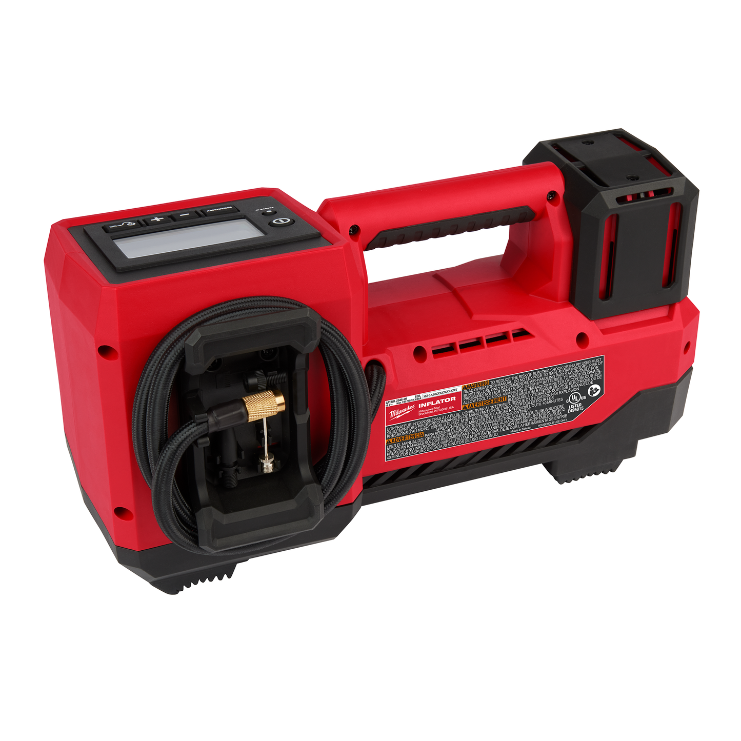 Red cordless tire inflator with digital controls and ergonomic handle for tools and home improvement use