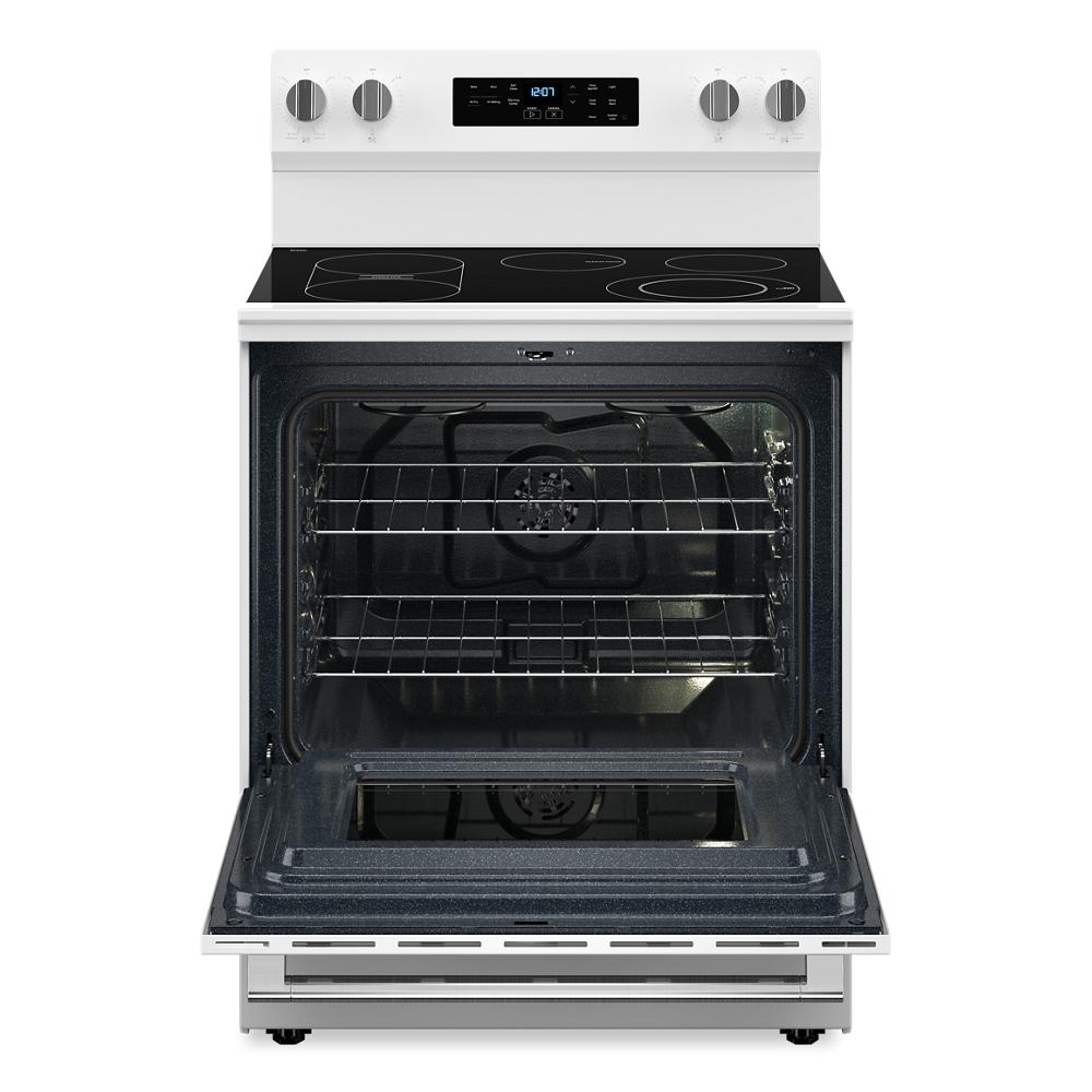 White electric range with smooth glass cooktop, digital controls, open oven door, and interior racks from Ranges collection