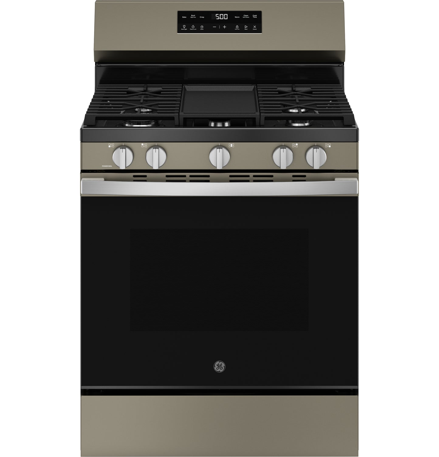 Modern free-standing gas range with metallic finish, digital control panel, and multiple burner knobs for kitchen appliances collection