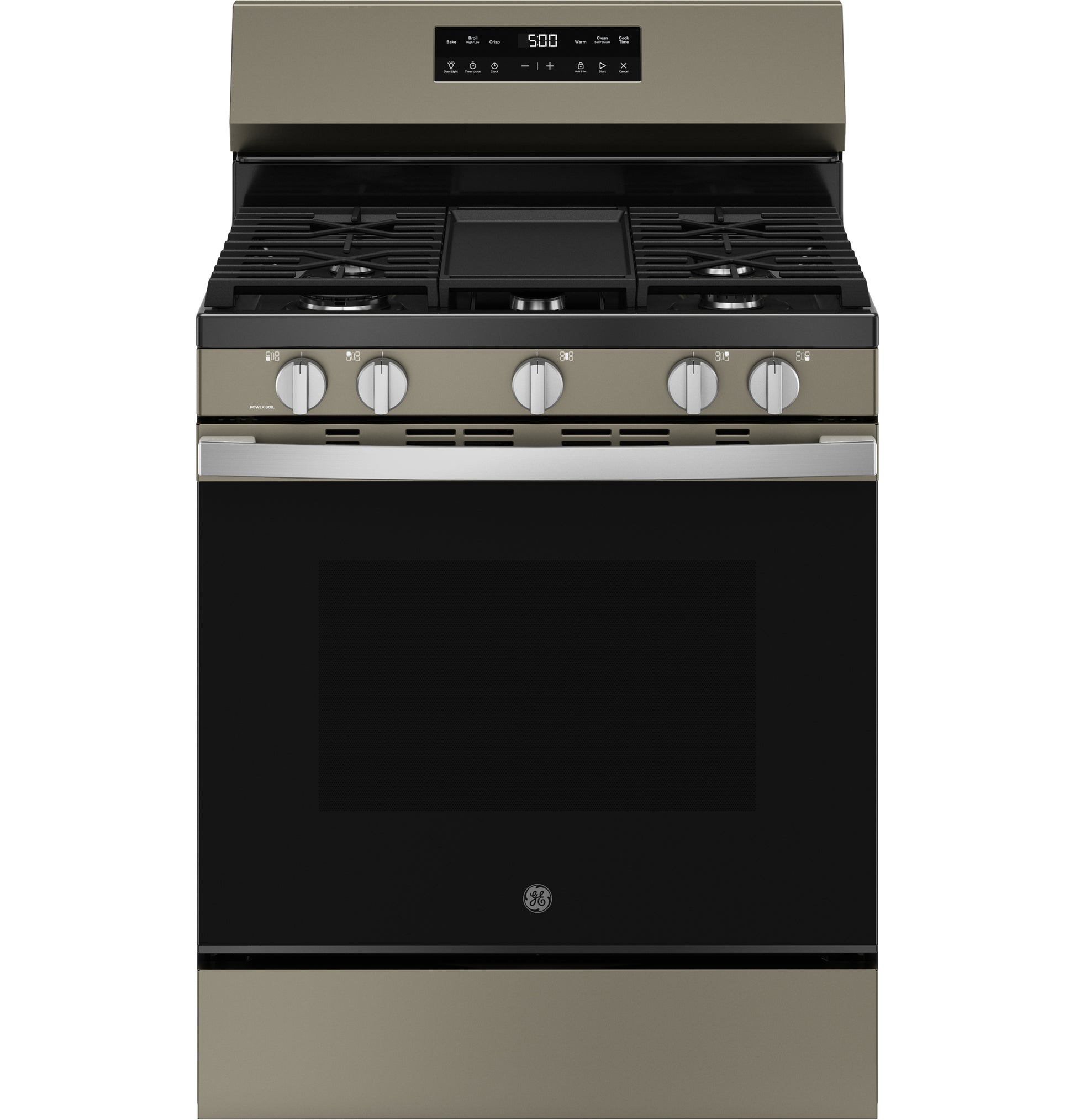 Modern free-standing gas range with metallic finish, digital control panel, and multiple burner knobs for kitchen appliances collection
