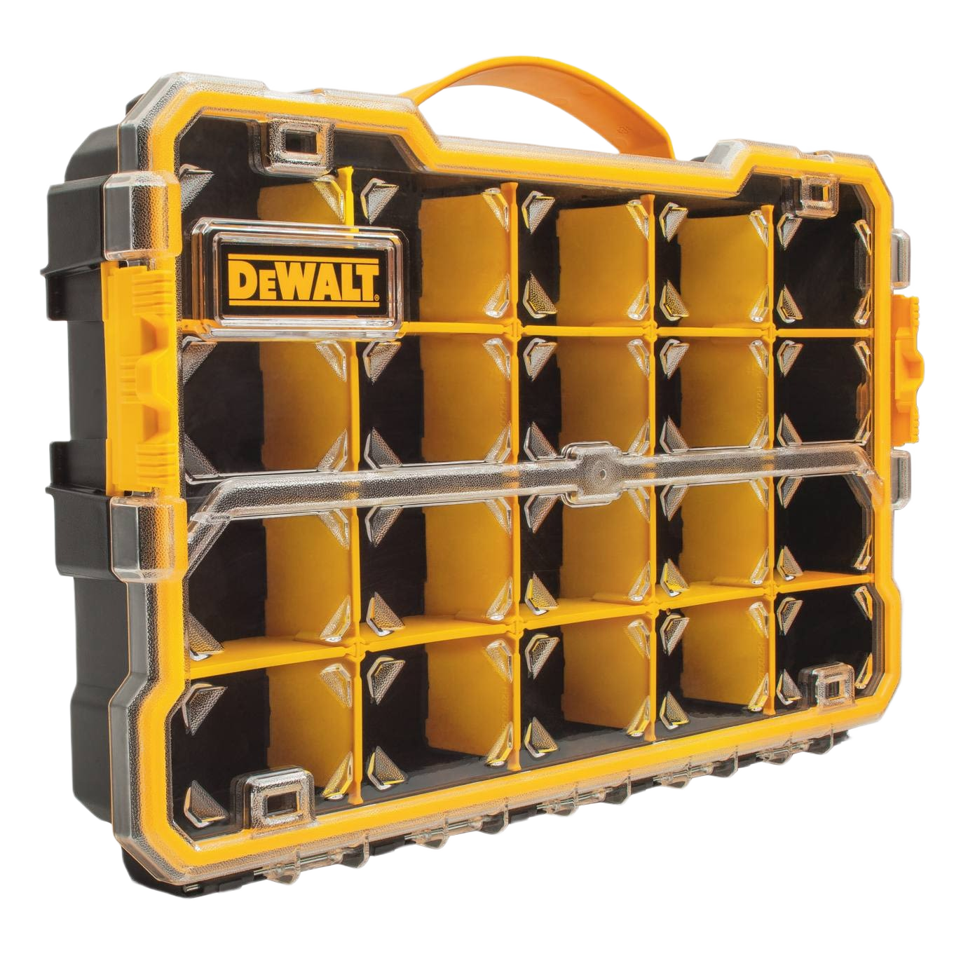 Yellow and black organizer with clear lid and customizable dividers for tool storage and workshop organization