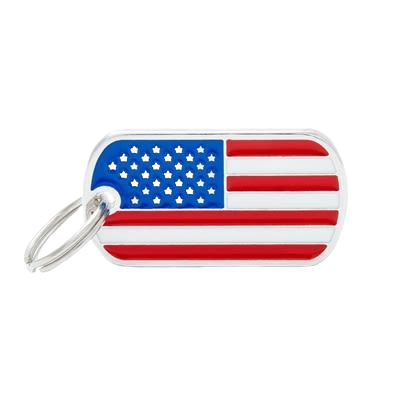 Rectangular pet ID tag with USA flag design and metal keyring, part of personalized pet tags collection.
