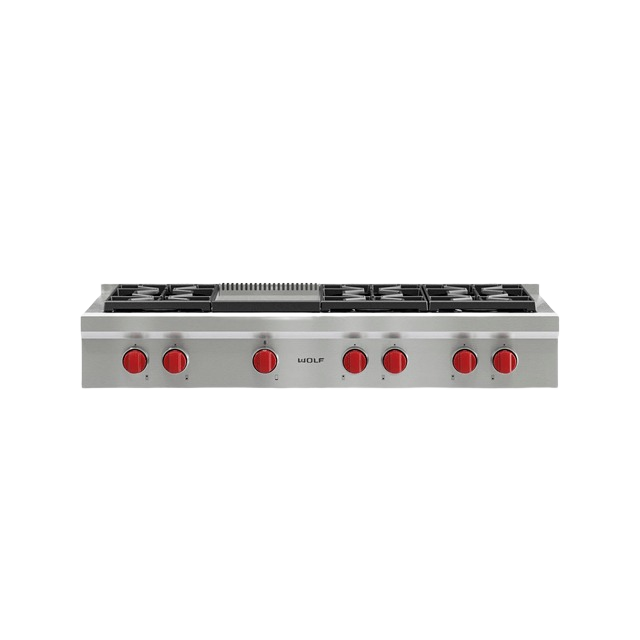 Stainless steel 48-inch six burner rangetop with infrared griddle and red control knobs in gas cooktops collection