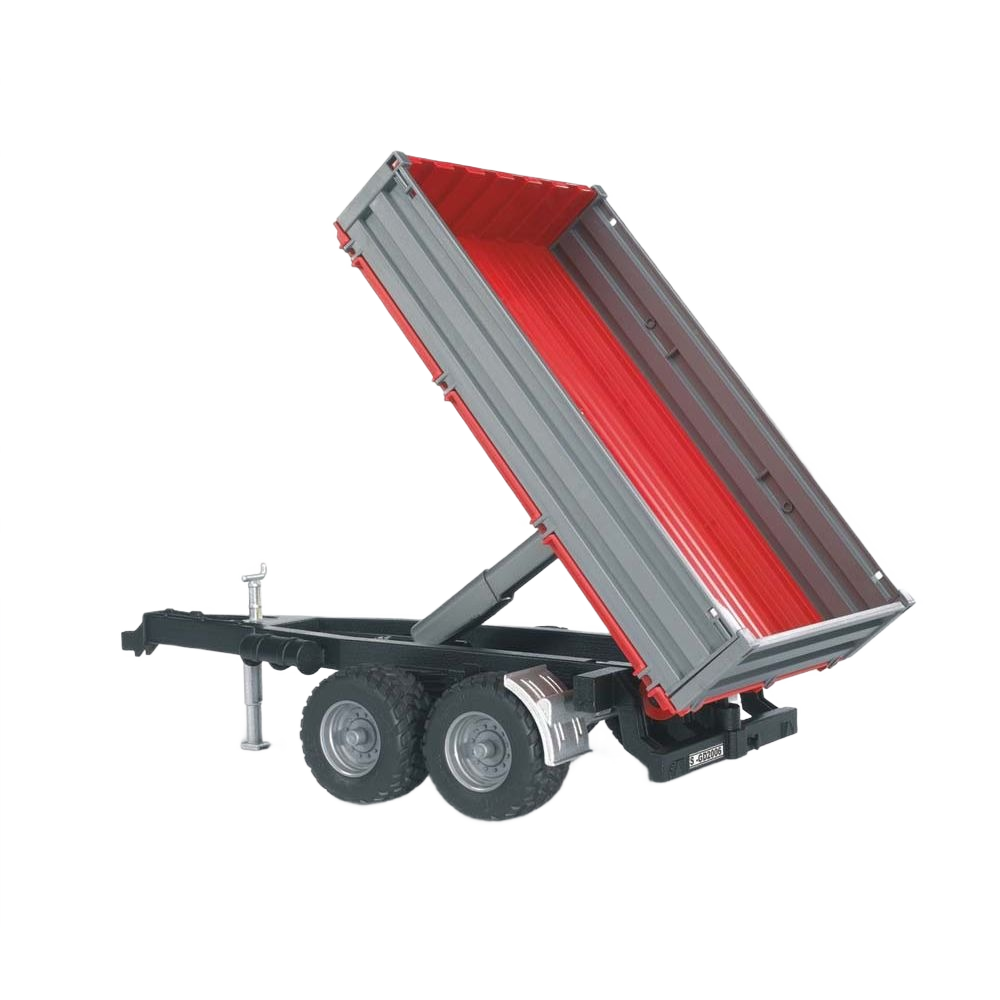 Compact tipping trailer with grey sides and red interior designed for realistic toy farm and construction play