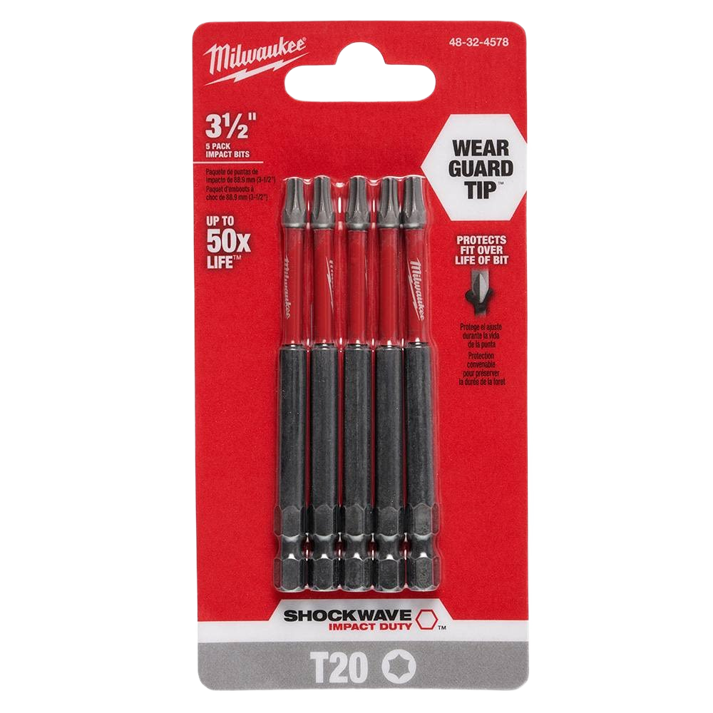 Pack of five Milwaukee impact duty 3-1/2 inch T20 TORX bits with Wear Guard Tip for power tool accessories