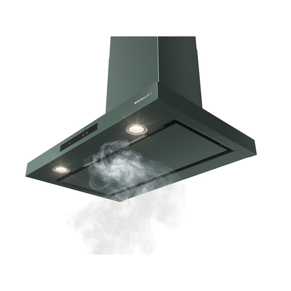 Matte black 30-inch wall-mount canopy hood with four-speed fan and built-in lights for kitchen ventilation.