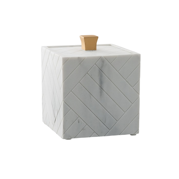 Square grey marble resin cotton jar with geometric pattern and wooden knob lid for home organization use