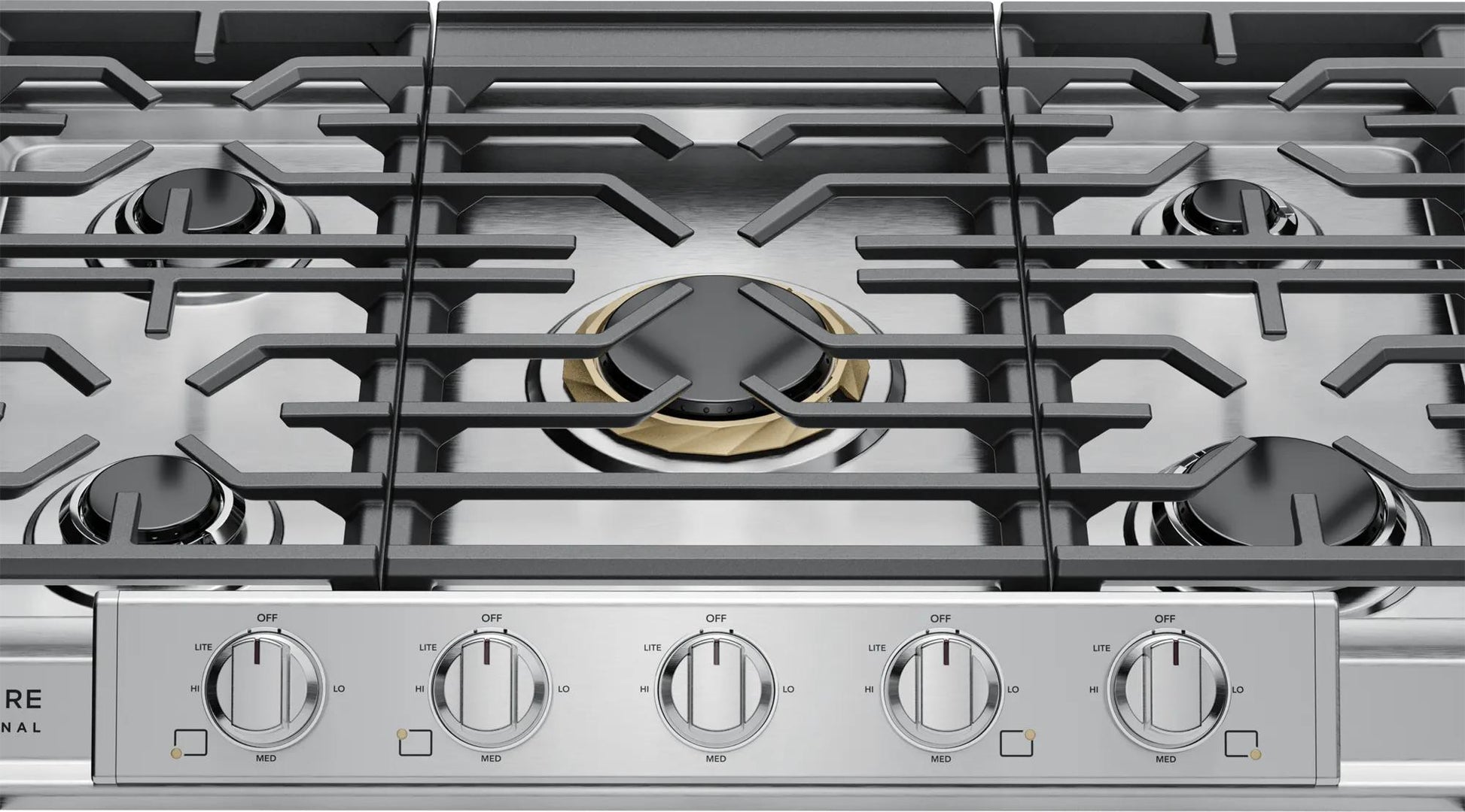 30-inch stainless steel gas cooktop with five burners, dishwasher safe grates, and backlit control knobs, part of Cooktops and Kitchen & Kitchenware collections.