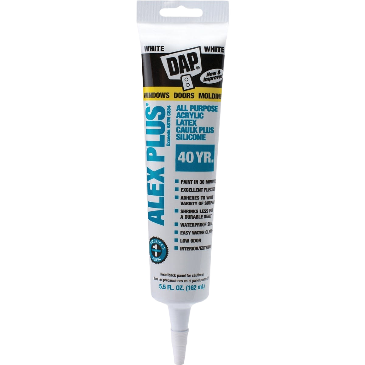 White acrylic latex caulk tube with silicone for home improvement and sealing windows, doors, and molding projects