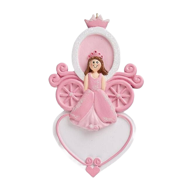 Brunette princess figurine in pink gown with tiara sitting on heart-shaped carriage for Christmas Ornaments & Tree Decorations collection