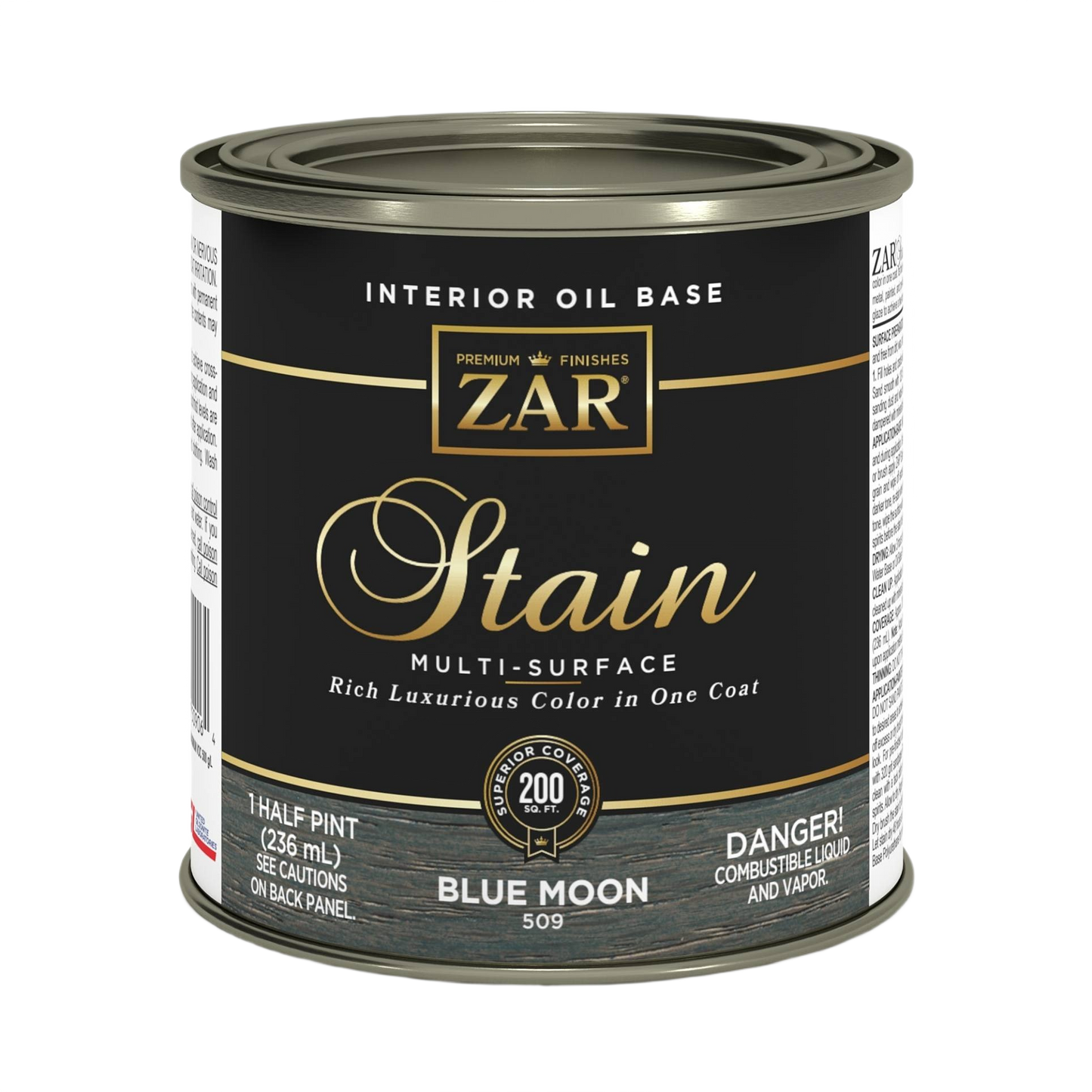 Half pint can of ZAR interior oil base Blue Moon wood stain for indoor wood finishing and home improvement projects