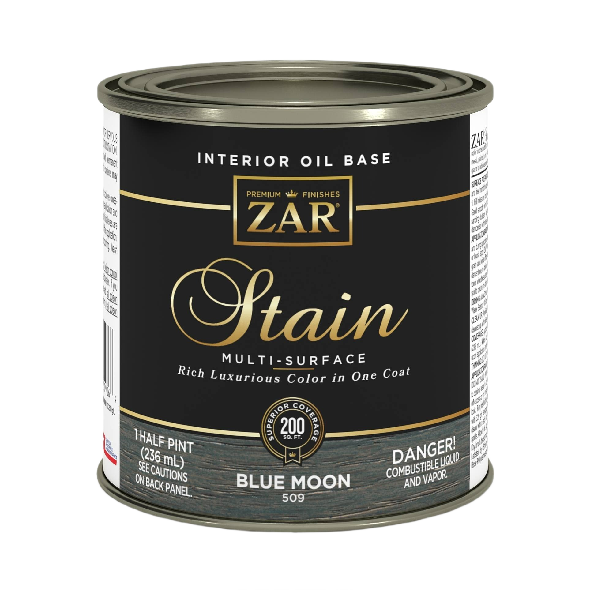Half pint can of ZAR interior oil base Blue Moon wood stain for indoor wood finishing and home improvement projects