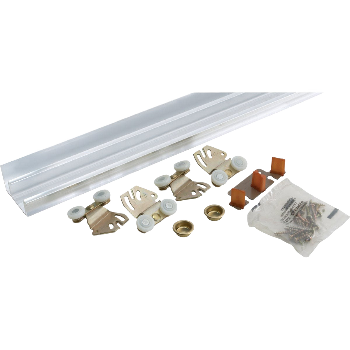 Sliding door hardware kit with aluminum track, double wheel rollers, mounting screws, and door guides for home improvement