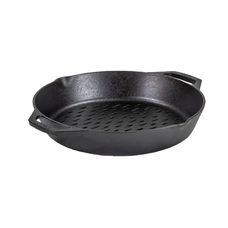 Seasoned cast iron grilling basket with perforated bottom and dual handles for versatile use in kitchenware collections