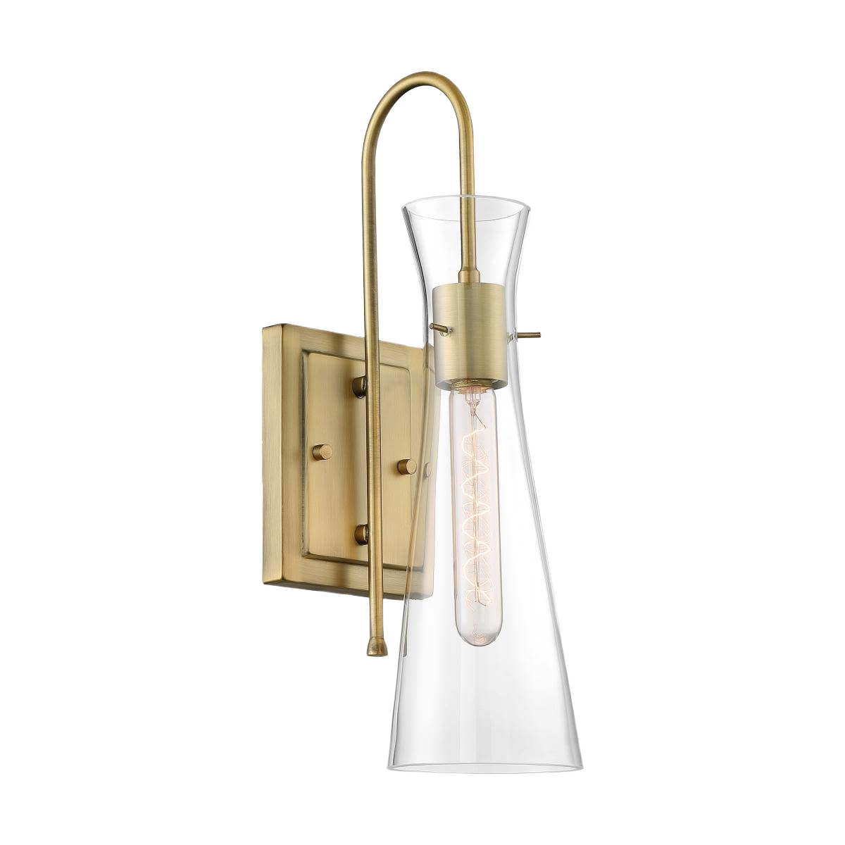 Wall sconce with clear glass shade and brass finish, suitable for bathroom, vanity, and wall lighting fixtures.