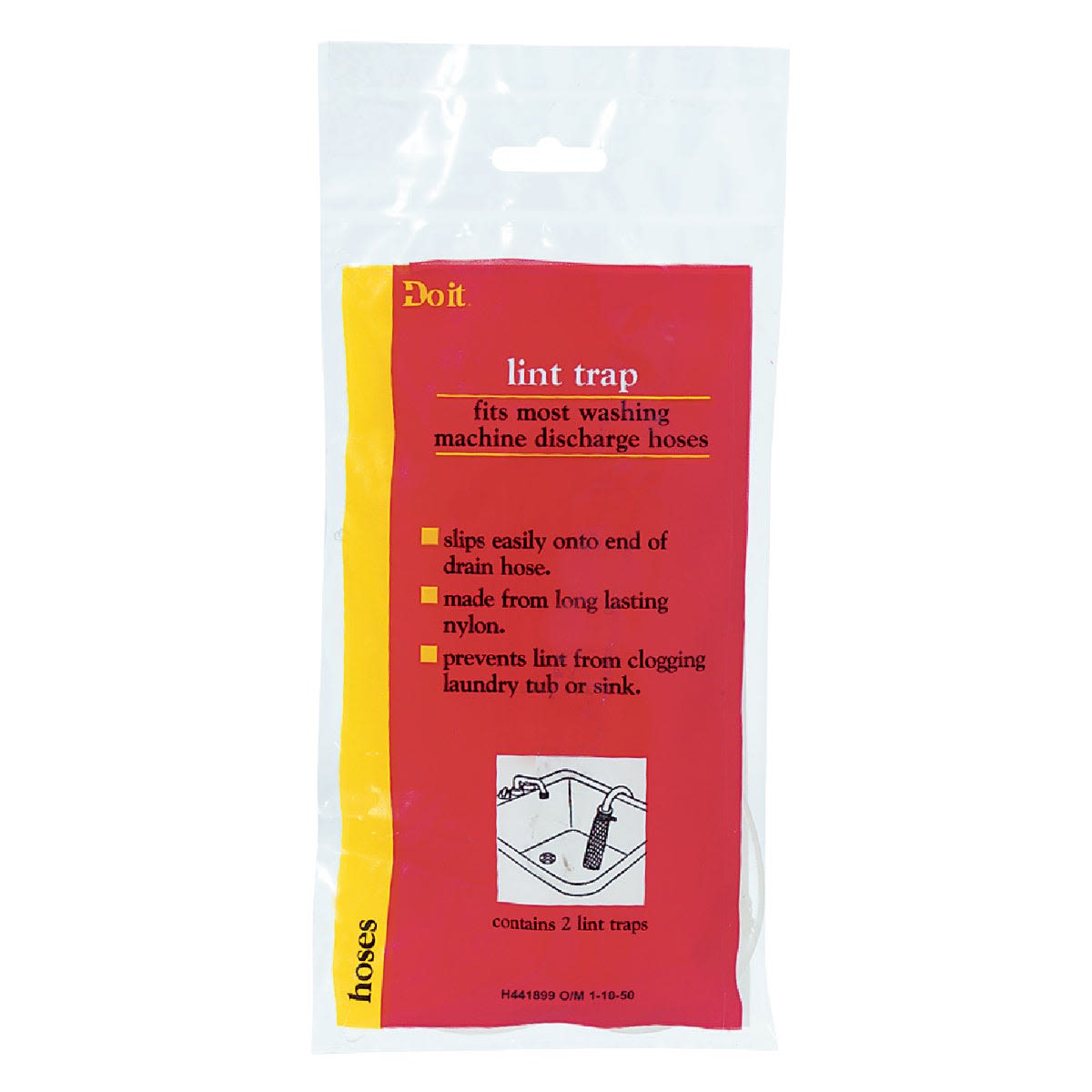 Package of nylon lint traps designed to fit washing machine drain hoses for plumbing repair and maintenance.