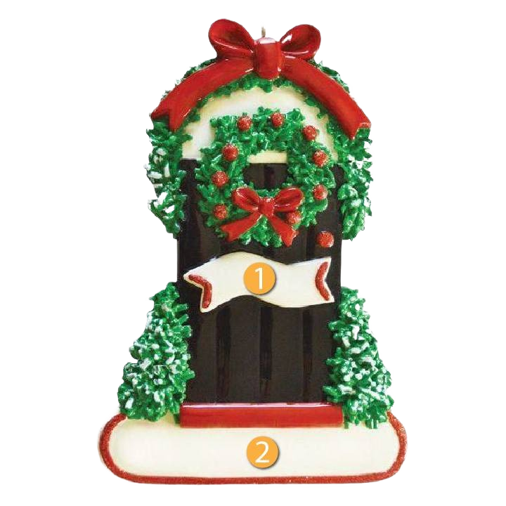 Festive winter door ornament with green wreath, red bows, greenery, and snowy base Christmas tree decoration under $50