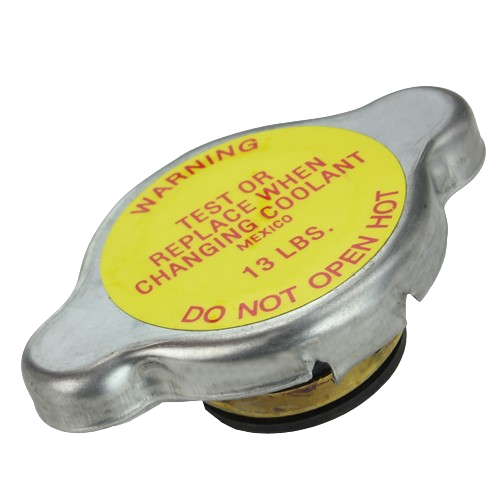 Metal radiator cap with yellow warning label for automotive cooling systems and John Deere equipment use