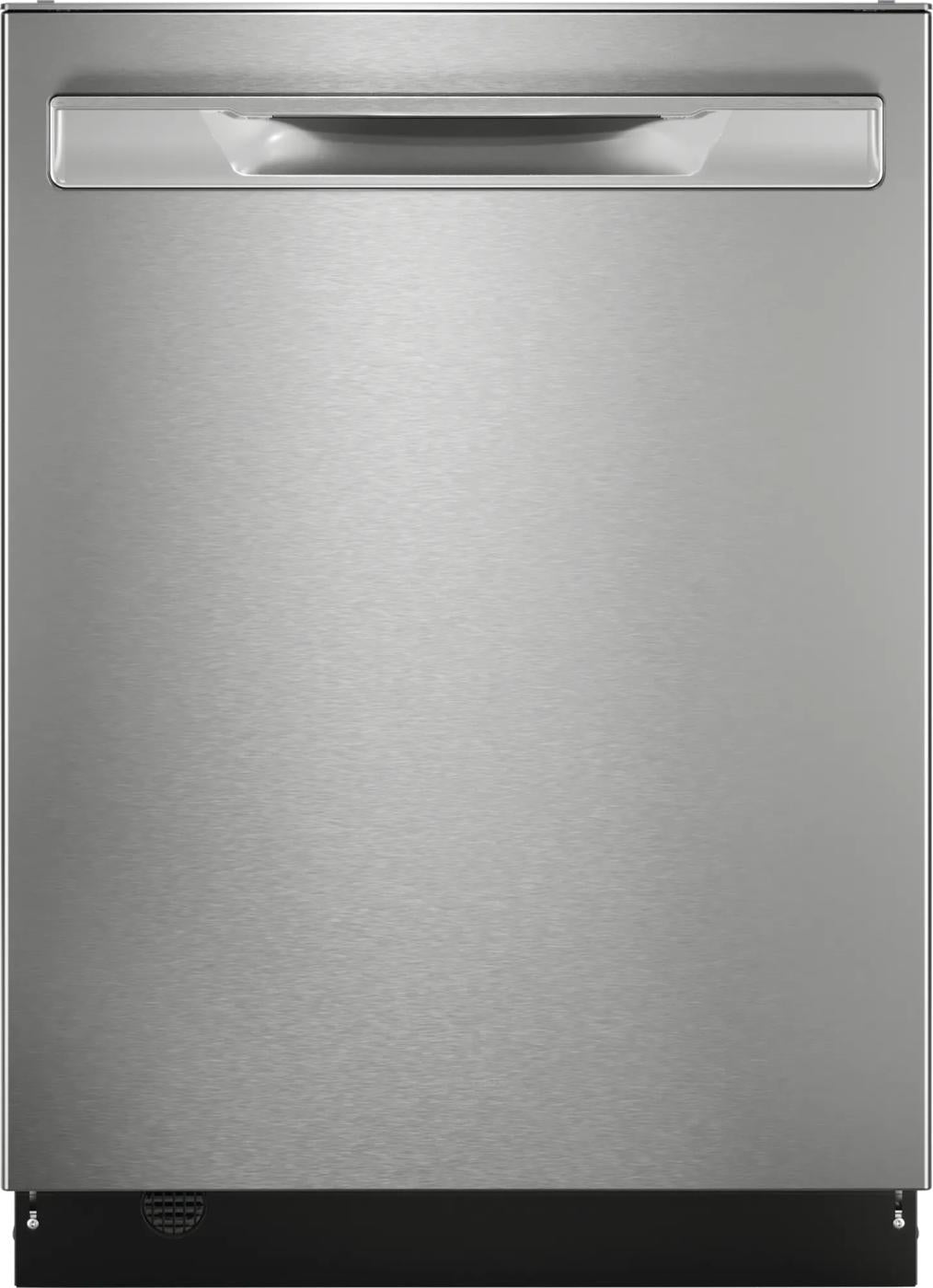 front view of stainless steel built-in dishwasher with sleek handle in kitchen appliances collection
