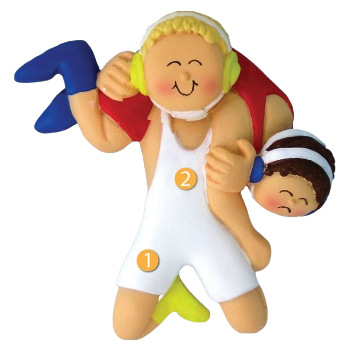 Personalized blonde male wrestler figurine ornament lifting opponent, festive decoration for Christmas tree displays