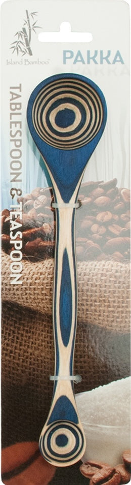 Blue laminated Pakka wood double measuring spoon for tablespoon and teaspoon measurements in kitchen utensils under $25 collection