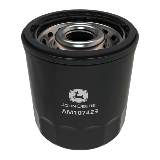 Black cylindrical engine oil filter with John Deere logo, designed for tools and home improvement maintenance tasks