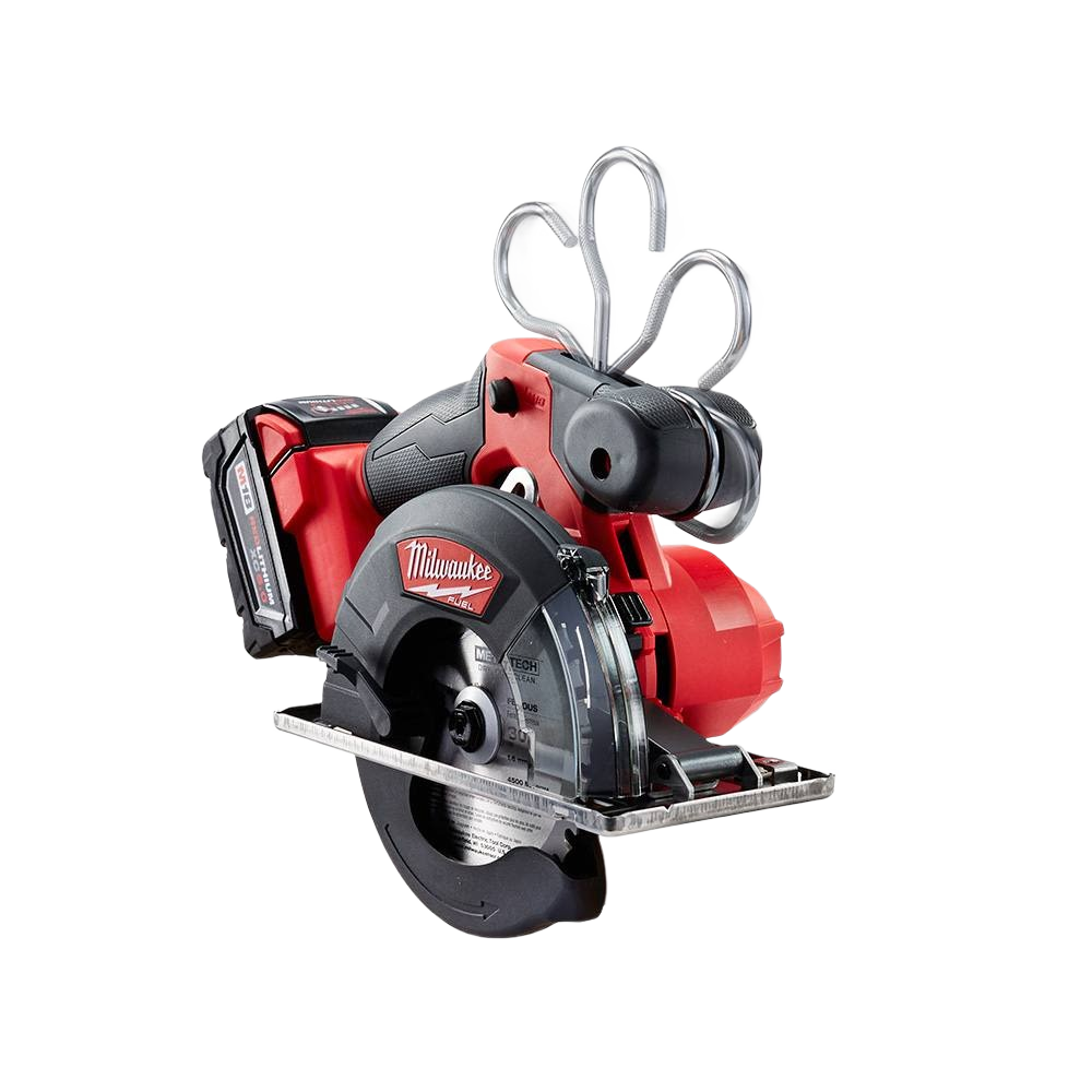 Red and black cordless metal cutting circular saw with ergonomic handle for tools and home improvement projects