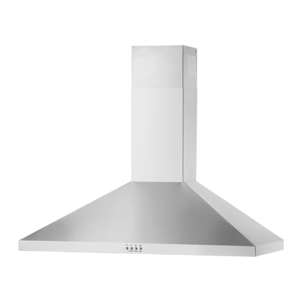 36-inch stainless steel chimney wall mount range hood with vent controls and energy-efficient ventilation in kitchen appliances collection
