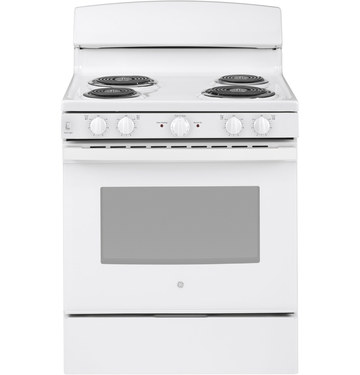 White free-standing electric range with four coil burners and control knobs above oven door in kitchen appliance collection