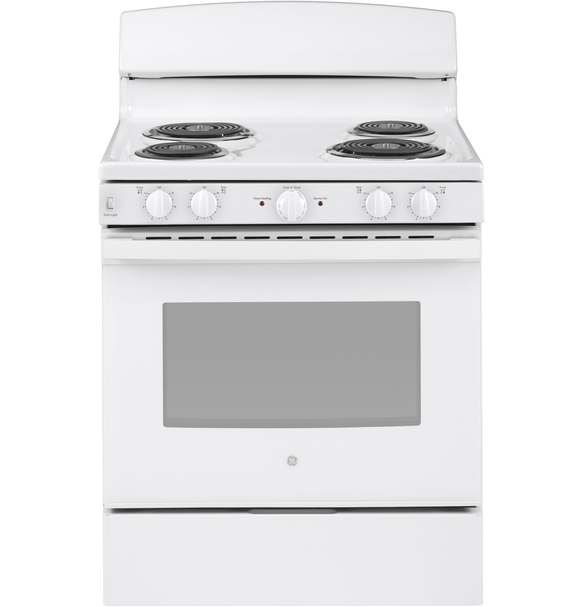White free-standing electric range with four coil burners and control knobs above oven door in kitchen appliance collection