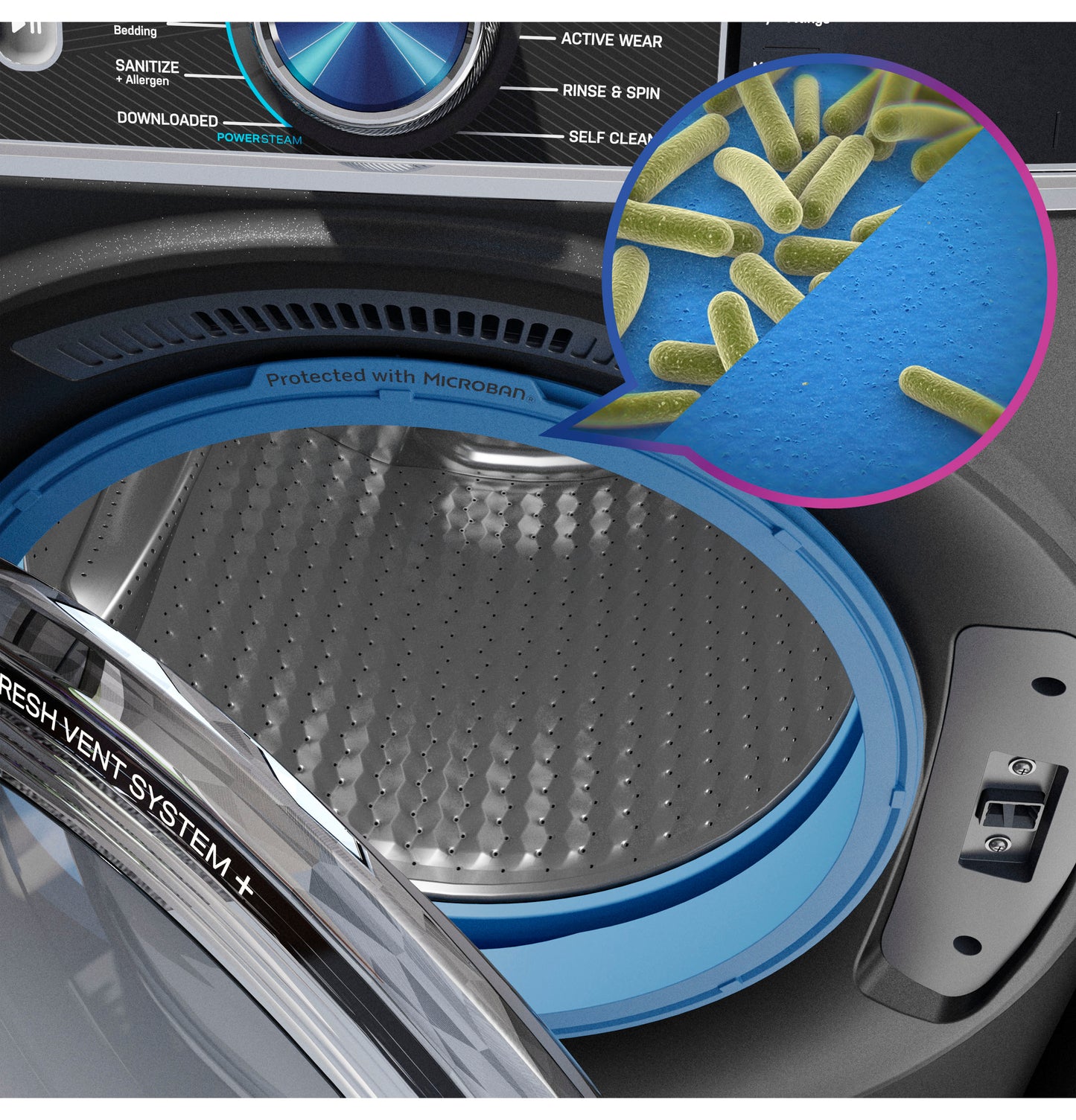 Close-up of front load washer drum and UltraFresh™ Vent System+ seal illustrating odor-blocking protective technology from Washers collection
