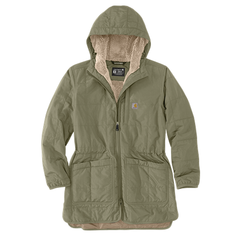 Women's dusty olive hooded coat with water-repellent finish and soft fleece lining in outerwear collection