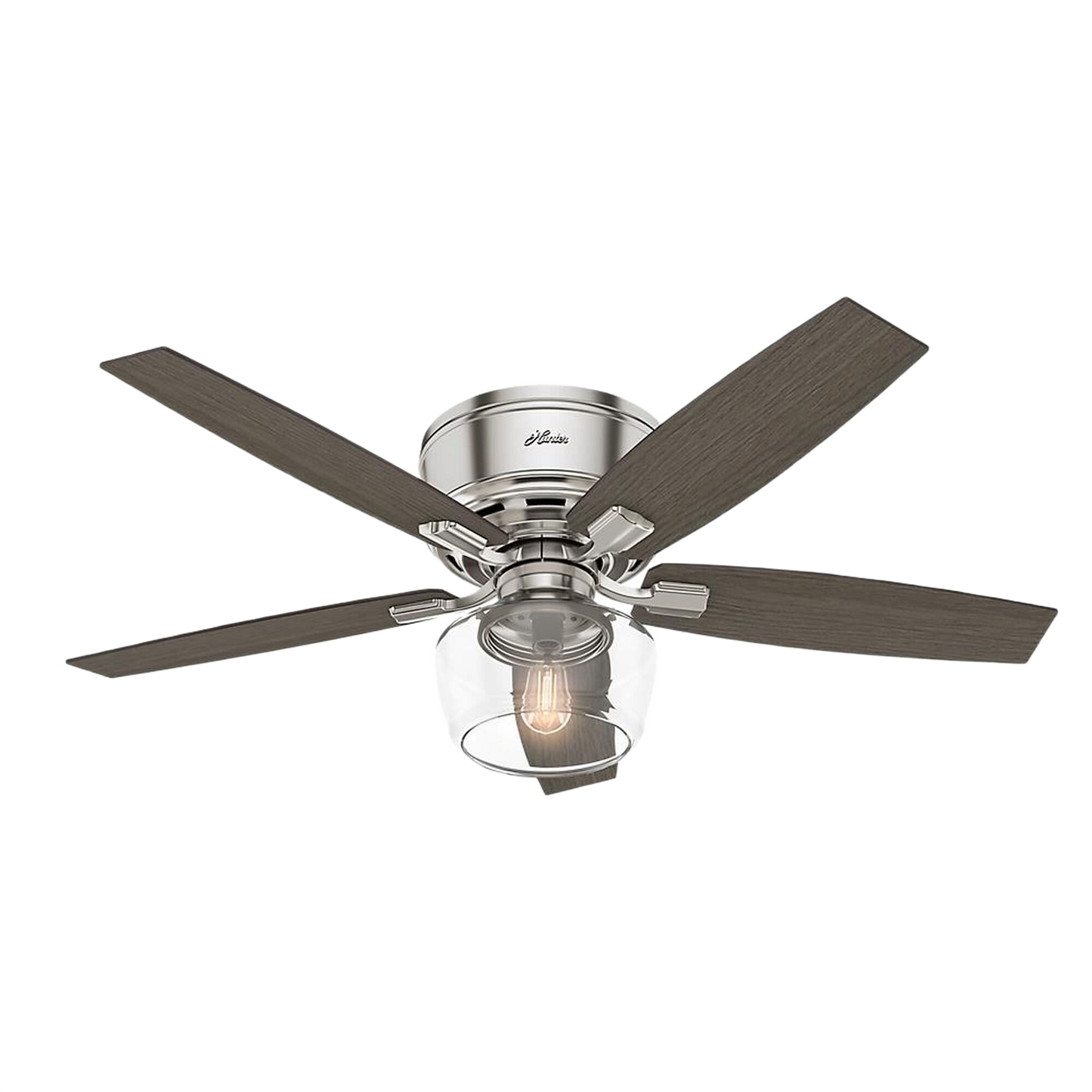 Low profile brushed nickel ceiling fan with five wood-tone blades and clear glass light fixture for indoor lighting and decor