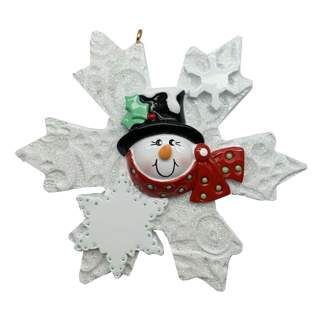 White glittered snowflake ornament with smiling snowman face, black hat, and red polka dot scarf in Christmas decorations collection