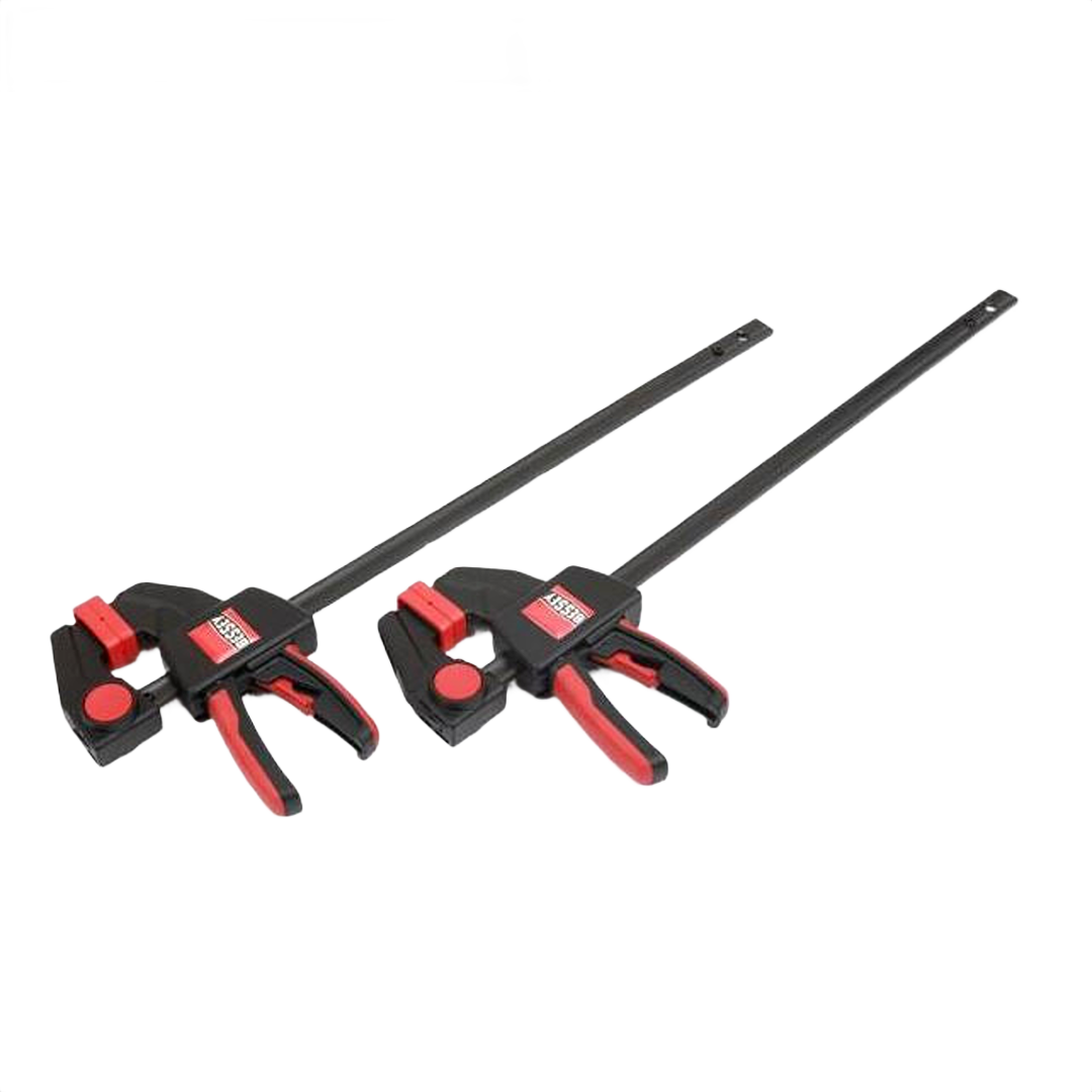 Pair of black and red 4-1/2 inch trigger clamps with long metal bars for tools and home improvement use