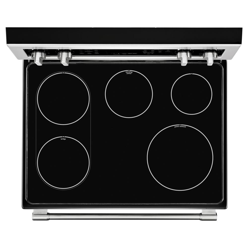 Top view of a black electric range cooktop with five radiant cooking elements and stainless steel control knobs, part of Ranges, Electric Ranges, Kitchen & Kitchenware, Appliances, and Ranges & Cooktops collections.