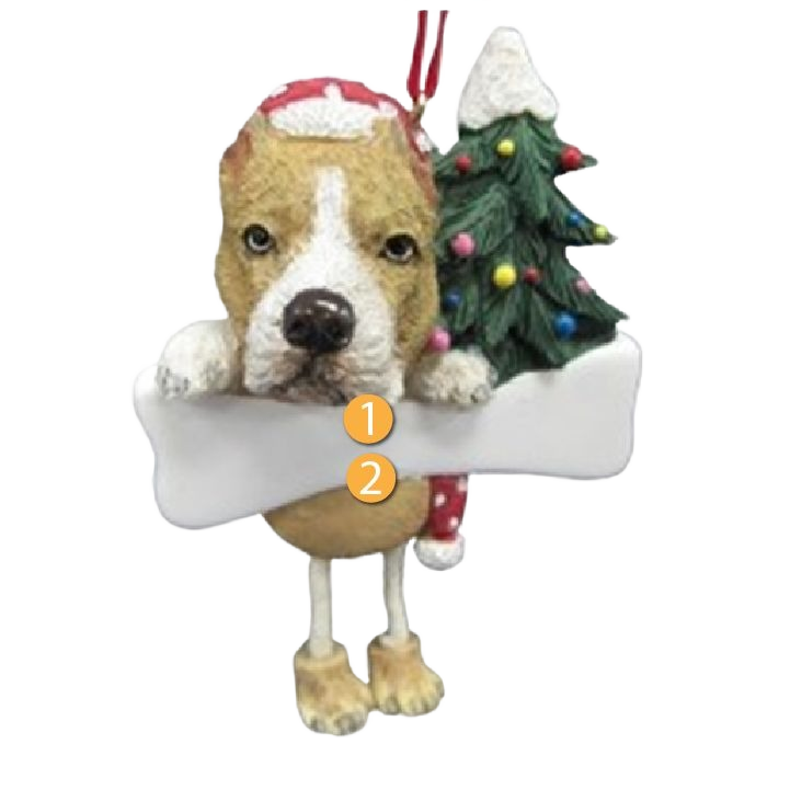Personalized Pit Bull dog Christmas ornament holding a bone with a decorated evergreen tree, festive decor under $50 collection