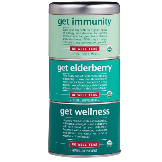 Stackable herbal tea tins featuring immunity, elderberry, and wellness blends in food & beverage collections under $50