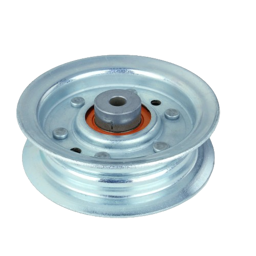 Metal idler pulley with central bearing, designed for outdoor power equipment and home improvement use.