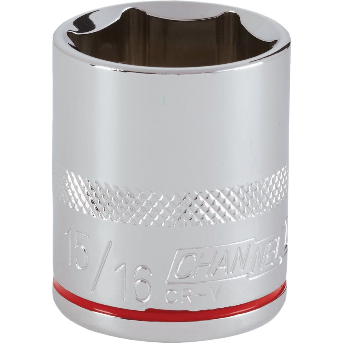 Polished chrome shallow socket with 15/16 in. size marking, textured grip band for hand tool and woodworking collections under $50