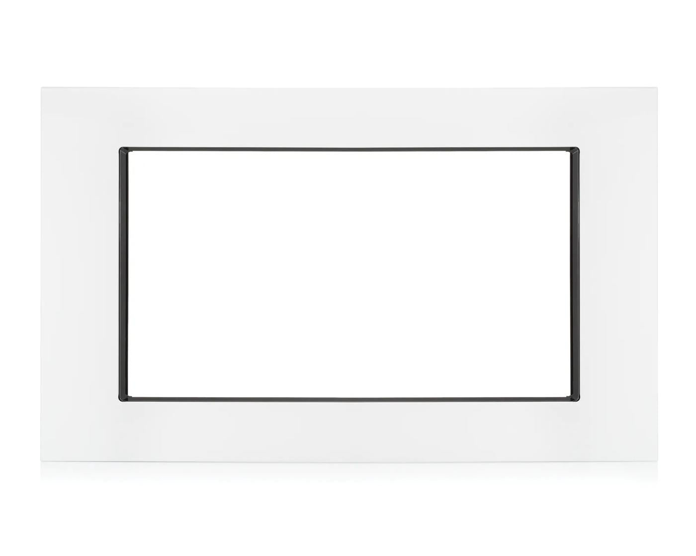 White microwave trim kit with smooth finish for built-in appliance installation in kitchen and home improvement settings