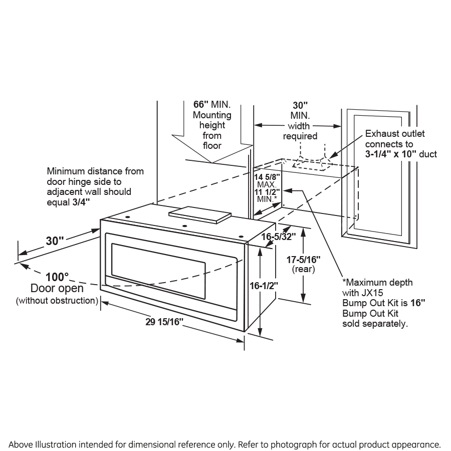 Line drawing of over-the-range microwave installation with measurements and duct connection details for kitchen appliances collection