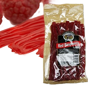 Bag of red raspberry twist candies with chewy texture, part of chocolates and candies under $25 collection.