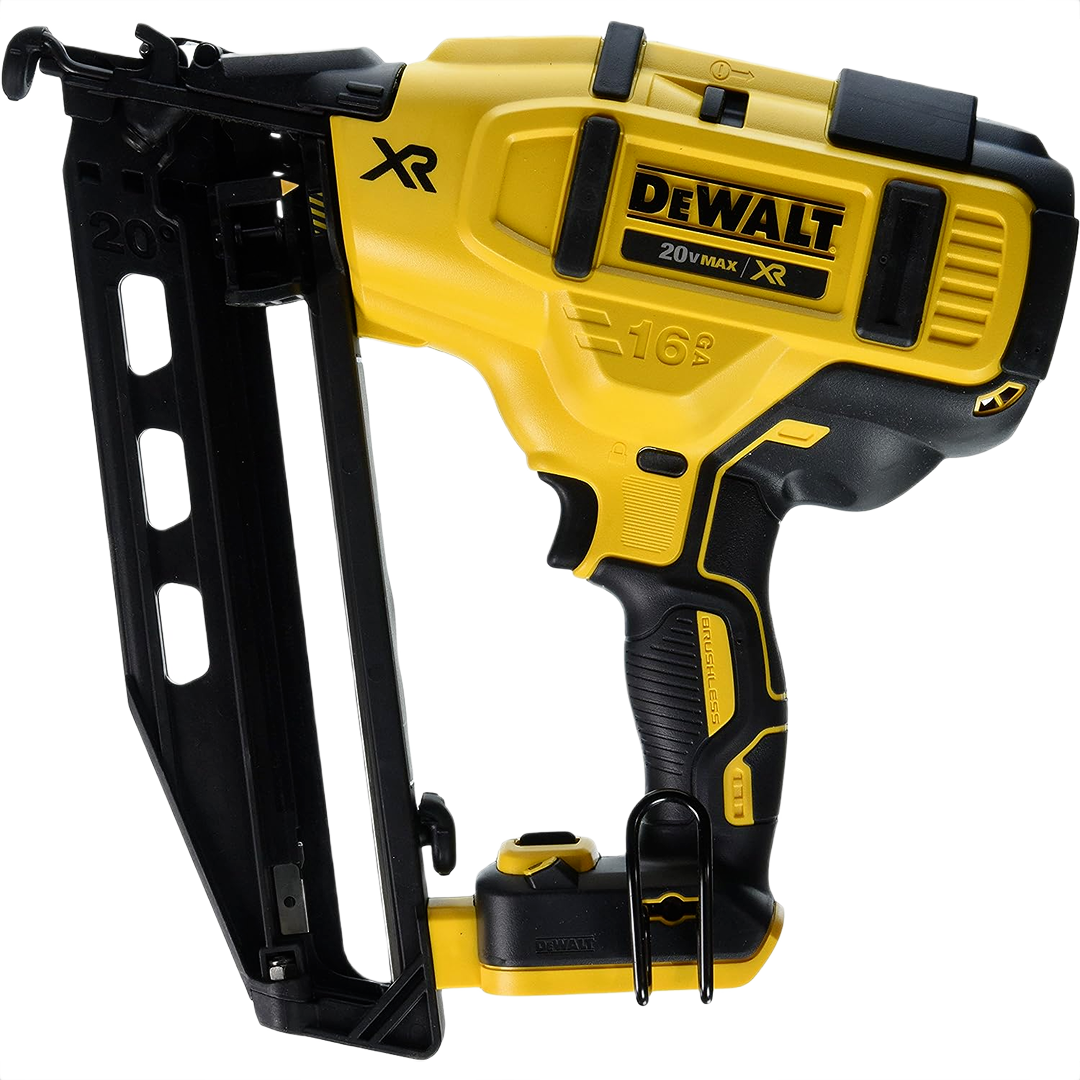 Cordless angled finish nailer in yellow and black for precise fastening in home improvement projects and woodworking tasks